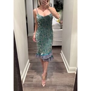 Vintage Y2K Betsey Johnson Green Gray Floral Dress Ruffle Slip Burnout Velvet M